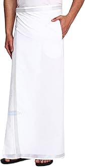 Gowri Tex Men's 100% Pure Cotton White With Gold Jari Lungi in Size 2 Mtrs Single Lungi- Pack Of 1