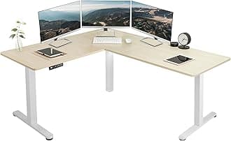 VIVO Corner Standing Desk, 63 x 55 inch Reversible L-Shaped Workstation, Electric Height Adjustment, Home, Office, and Reception Rooms, Light Wood Table Top White Frame, DESK-E3CTC