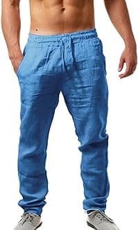 Mens Linen Trousers Cotton Jogging Bottoms | Elastic Beach Pants Comfortable Lightweight Pants | Loose Fit Drawstring Trousers Casual Yoga Pants | Baggy Pants with Pockets Straight