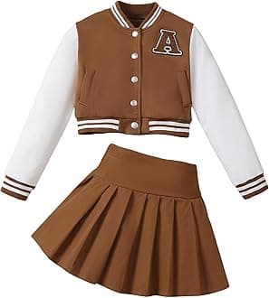 Girls 2 Piece Outfits Skirt Set Button up Jacket Sweatshirt and Pleated Mini Skirts Fall Winter Clothes Size 7-14Y