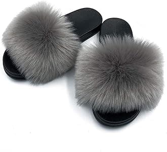 Women's Faux Fur Slides Slippers Fluffy Fuzzy Sandals Open Toe Furry Slide Flip Flop Indoor Outdoor