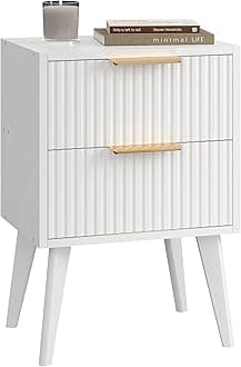 YAUKOMEL Fluted Nightstand with 2 Drawers,Modern Bedside Table with Metal Handles,Side Table with Solid Wood Legs,End Table for Living Room,Bedroom,Small Spcae 11.8" D x 15.7" W x 22.8" H White CTG55W