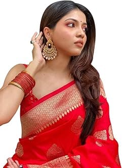Shiv Textiles Women's Banarasi Art Silk Saree, Red, Free