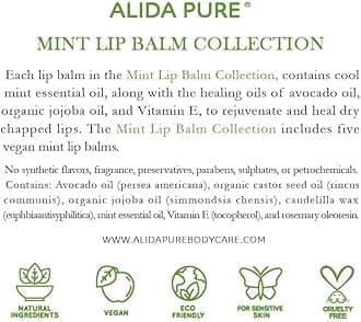 Mint Lip Balm Collection, Vegan Set, Beeswax Free, with Organic Jojoba and Avocado Oil, Vitamin E, Natural Moisturizer for Dry, Chapped Lips, 5 Tube Set