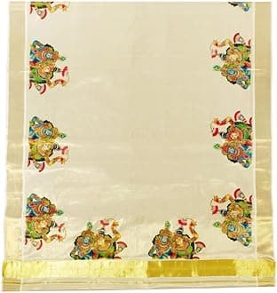 YETTALANWomen's Mural Printed Kerala Gold Tissue Saree with Running Blouse