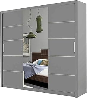 Oslo 250cm Grey Sliding Wardrobe with LED Lighting, Mirrored Doors, Adjustable Shelving, Contemporary Design(Grey, 250)
