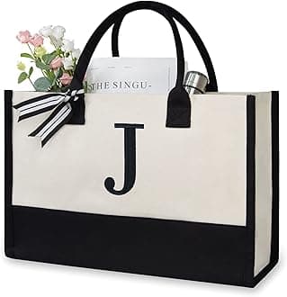 TOPDesign Personalized Initial Canvas Beach Bag, Monogrammed Gift Tote Bag for Women, Black & White, Medium, J