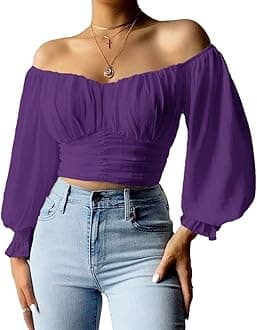 Womens Elegant Off The Shoulder Puff Sleeve Blouse Summer Chiffon Slim Fit Party Crop Top