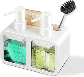 Kitchen Soap Dispenser Set, with Hand and Dish Soap, Sponge Caddy and Brush Holder 4-in-1 Kitchen Dual Soap Dispenser Set for Kitchen Sink, Bathroom - White