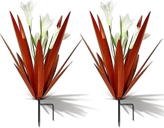Metal Agave Plant Outdoor Decoration Lily Mexican Yard Art Garden Gift Home Decor Hand Painted Metal Agave Garden Yard Statue, Outdoor Lawn Ornaments (2 Big White Lilies)