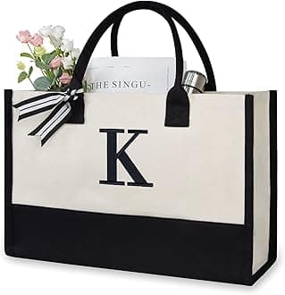 Personalized Initial Canvas Beach Bag, Monogrammed Gift Tote Bag for Women, K, Medium