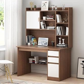LITFAD Modern Computer Desk Work from Home Desk with Hutch, Bookcase and Integrated Cable Management, Rectangular Wood Office Desk 3 Drawers, 39.4" L x 17.7" W x 64.2" H, Black Oak