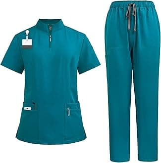Scrubs Uniforms Women Set, Female Medical Uniforms & Scrubs Durable Short Sleeve V Neck Tunic Top and Pants with Pockets, Beauty Tunics for Women UK Nursing Workwear Suits for Beauty Center
