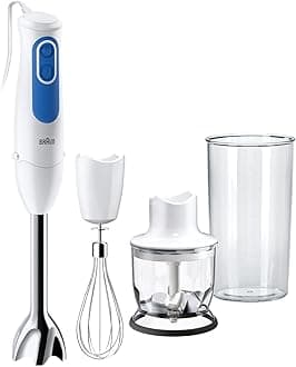 Braun MultiQuick 3 MQ3025 Hand Blender, Spaghetti Mixer, 2 Speeds, Splash Control, Dishwasher Safe parts, 350ml Chopper, Whisk and BPA-Free Plastic Beaker - White
