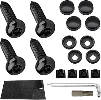 YALOK Anti Theft License Plate Screws Kits- Rustproof Stainless Steel Car Tag Plate Mounting Hardware, M6 (1/4") Tamper Proof Fastener Nut, Caps Cover for Front Rear Frame Holder Mounting（at-Black/4）