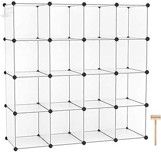 Cube Storage Organizer, 16-Cube Shelves Units, Plastic Storage Cubes, DIY Closet Organizer, Modular Closet Storage Shelves Ideal for Home, 48.4" L × 12.4" W × 48.4" H Transparent SUM3016W