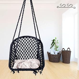 Patiofy Swing for Adults & Kids/Swing for Balcony/Swing Chair for Adults for Home/Cotton D Shape Wooden Swing/Jhula Swing for Indoor Outdoor Garden/Includes Hanging Kit & Silver Cushion-Black
