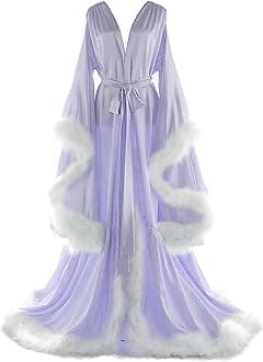 Women's Feather Bridal Robes Old Hollywood Maternity Photoshoot Nightgown Silk Bathrobe Long Lingerie