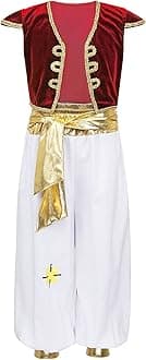 iEFiEL Kids Boys Arabian Prince Costume Street Rat Suit Cap Vest with Harem Pants Halloween Cosplay Costumes Red 12-14 Years
