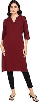 BLOCKS OF INDIALong Cotton Kurta Womens Plain Straight Kurta, 3/4 Sleeve, Knee Length with 2 Pockets