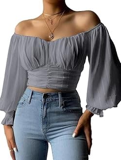 MIRACMODA Womens Elegant Off The Shoulder Puff Sleeve Blouse Summer Chiffon Slim Fit Party Crop Top
