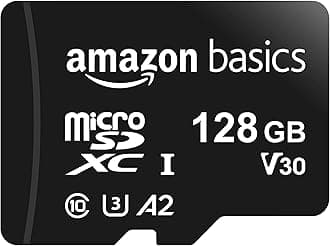 Amazon Basics microSDXC Memory Card with Full Size Adapter, A2, U3, Read Speed up to 100 MB/s, 128GB, Black