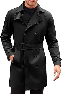 Runcati Mens Trench Coat Double Breasted Mid Long Jacket Casual Belted Overcoat Notched Lapel Windbreaker