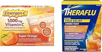 Emergen-C 1000mg Vitamin C Powder for Daily Immune Support Caffeine Free Vitamin C Supplements & Theraflu Combo Daytime and Nighttime Severe Cold Relief Powder, Honey Lemon Flavor