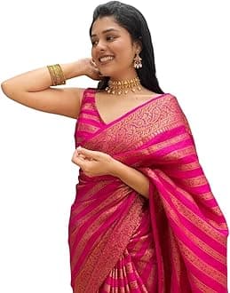 C J Enterprise Women's Pure Kanjivaram Banarasi Sari Made of Soft Silk with Blouse Part for Wedding, Brocade, Baby Pink