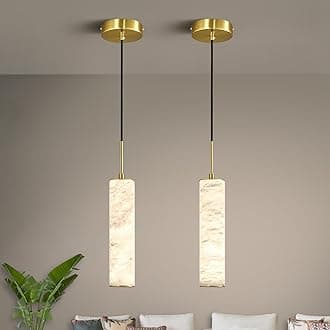 LMQNINE Natural Alabaster Pendant Lights for Kitchen Island White Marble Long Tube Chandelier Modern 4000K Gold Ceiling Light Fixtures for Bedroom Dining Room Table Living Room Hallway(S-2Pack)