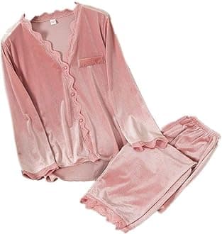 Velvet Pajamas Women Autumn Winter Sleepwear Long Sleeve Casual Nightwear Pyjamas Suit Loose Home Clothes Lace Trim Sleep Set, M, Pink
