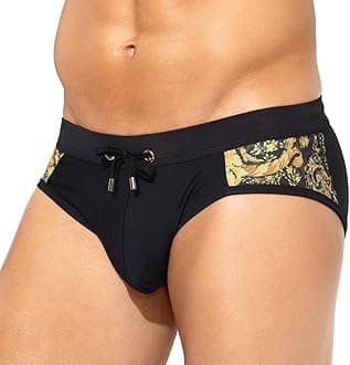 Men's Swimsuit Printed Swim Briefs Pattern Bikini Swimwear with Drawstrings and Lined Pouch