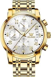 Men's Chronograph Quartz Watches, Classic Large Face Stainless Steel Watches for Men, White Face/Gold Band, round