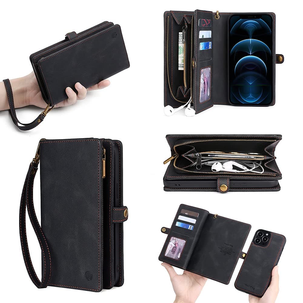 Compatible with iPhone 13 Wallet Case, PU Leather with Card Holder Magnetic Clasp Zipper Kickstand Detachable 2 in 1 Protective Cover (Black, iPhone 13)