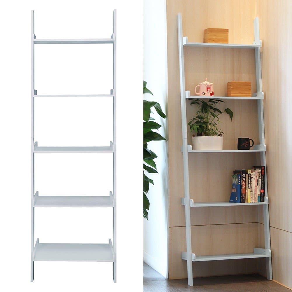 5 Tier Ladder Wall Shelf Storage Display Unit Book Case Storage White