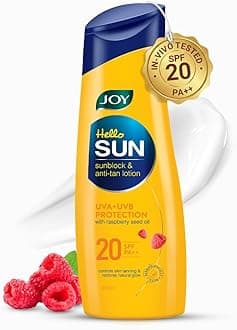 Joy Hello Sun Body Sunscreen Lotion SPF20 PA++ (300ml) | INVIVO Tested | UVA + UVB Protection | Tan Control and restores Glow | Lightweight, Fast Absorbing & Zero White Cast | For Normal to Oily Skin