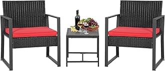 FDWPatio Furniture Sets 3 Piece Outdoor Bistro Set Wicker Patio Chairs Rattan Outdoor Furniture for Backyard Porch Poolside Lawn,Red Cushion