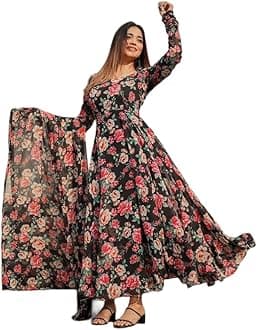 Modestouze Attires Women's Floral Georgette Kurta Set with Dupatta | Round Neck Full Sleeve Fit Flared Anarkali Kurti