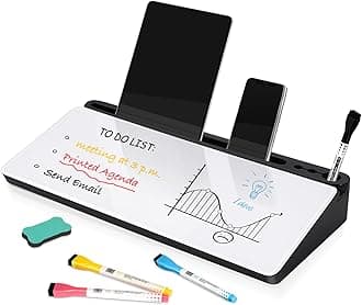 DOLLAR BOSS Glass Desk Whiteboard Small Dry Erase Board Desktop White Board with Storage Drawer Computer Keyboard Stand Desk Organizer School Supplies Office Accessories with 4 Markers 1 Eraser, White