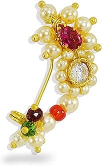 Maharashtrian Nath Nose pin Small Size Traditional Diamond Marathi Nathni Stud non piercing Pearl Gold Plated Nath Clip On Nose Jewellery For Girls and Women