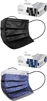 CSD Colo 30 Pcs Black + 30 Pcs Jean Blue Disposable Face Masks Bundle - 3 Ply Breathable Mask with Elastic Ear Loop for Adults