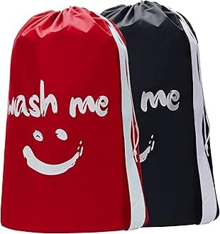 HOMEST 2 Pack XL Wash Me Travel Laundry Bag with Strap, Dirty Garments Organizer, Large Enough to Hold 4 Loads of Clothes, Easy Fit a Hamper or Clothing Basket, Black and Red