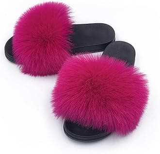 AuapTavw Women's Faux Fur Slides Slippers Fluffy Fuzzy Sandals Open Toe Furry Slide Flip Flop Indoor Outdoor
