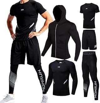 5Pcs Gym Clothes Men Tracksuit Sets Running Wear Compression Shirts Sleeve Tops Jackets Long Suits Leggings Shorts Sports Activewear for Athletic