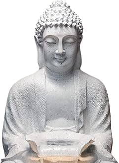 Swarnhouse Buddha Lotus Water Fountain with Light, 91 cm, Decorative Outdoor Garden Fountain for Home and Office 3 Feet (Article White Black Dot)