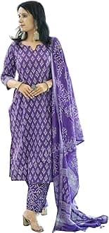 Meera Fab Women's Cotton Printed Straight Kurta With Palazzo & Dupatta Set