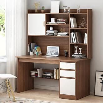 LITFAD Modern Computer Desk Work from Home Desk with Hutch, Bookcase and Integrated Cable Management, Rectangular Wood Office Desk 3 Drawers, 47.2" L x 17.7" W x 65" H, Black Oak