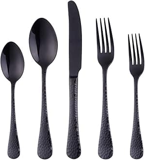 5-Piece Black Silverware Flatware Set Service for 1 Stainless Steel Cutlery Set Include Dinner Knife Table Fork Table Spoon Salad Fork Tea Spoon for Wedding, Dishwasher Safe