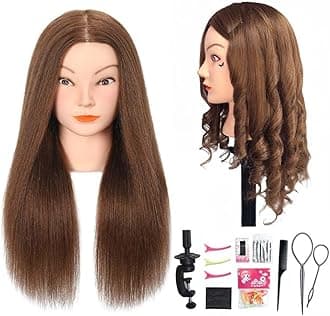 Opini Mannequin Head with 100% Real Human Hair Cosmetology Mannequin Head to Practice Hairstyles Doll Head Training Head for Hairdresser (Brown)