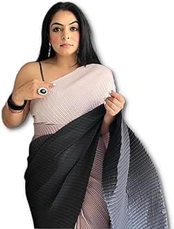 MISILY women's Full Crushed Georgette Tri-color saree with blouse piece